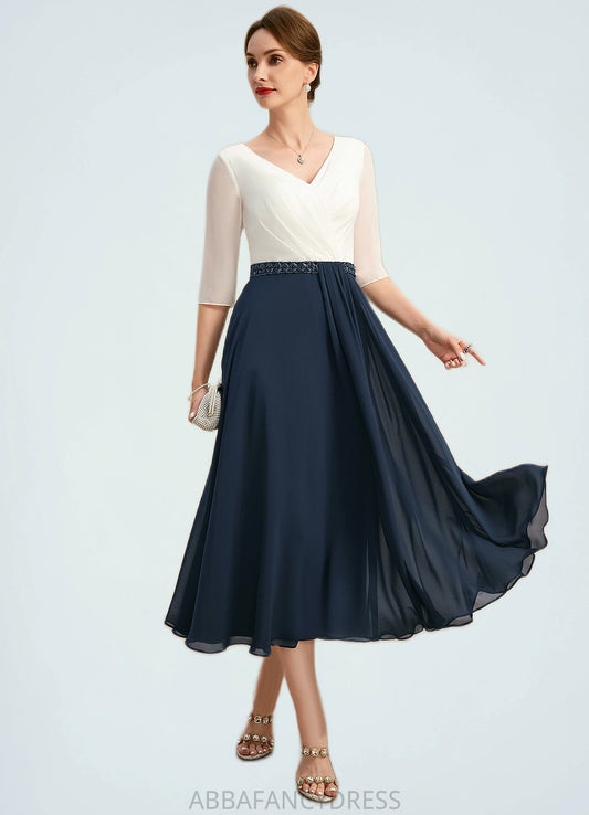 Madalynn A-line V-Neck Tea-Length Chiffon Mother of the Bride Dress With Beading Pleated DRP0021923