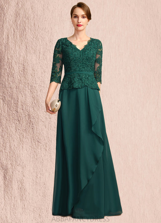 Adelaide A-line V-Neck Floor-Length Chiffon Lace Mother of the Bride Dress With Cascading Ruffles Sequins DRP0021934