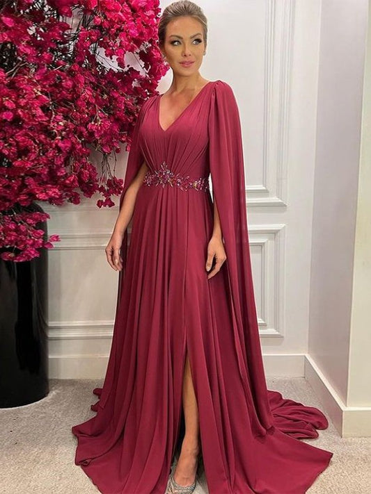 Taliyah A-Line/Princess Chiffon Ruched V-neck Long Sleeves Court Train Mother of the Bride Dresses DRP0020287