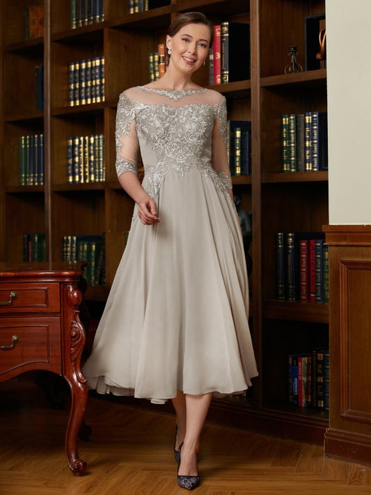 Mckenna A-Line/Princess Chiffon Lace Scoop 3/4 Sleeves Tea-Length Mother of the Bride Dresses DRP0020300