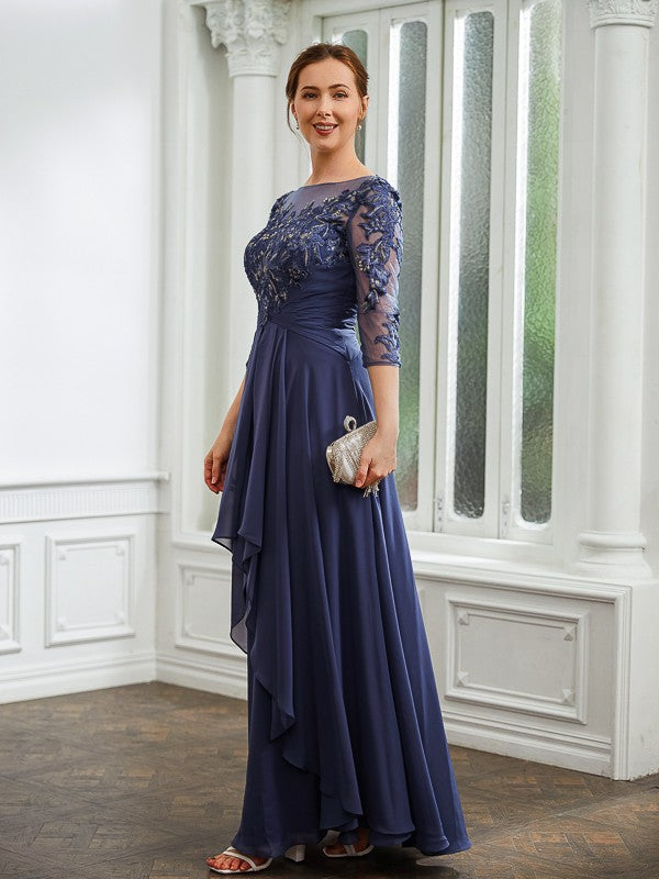 Carina A-Line/Princess Chiffon Applique Bateau 3/4 Sleeves Floor-Length Mother of the Bride Dresses DRP0020266