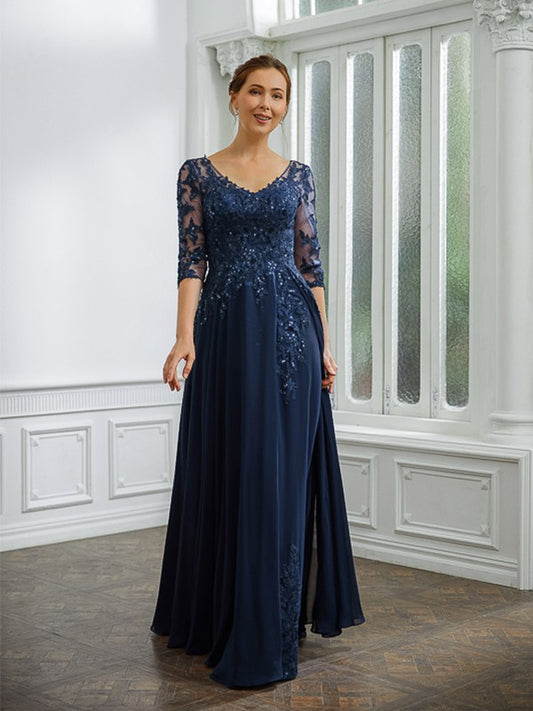 Genesis A-Line/Princess Chiffon Applique V-neck 3/4 Sleeves Floor-Length Mother of the Bride Dresses DRP0020267