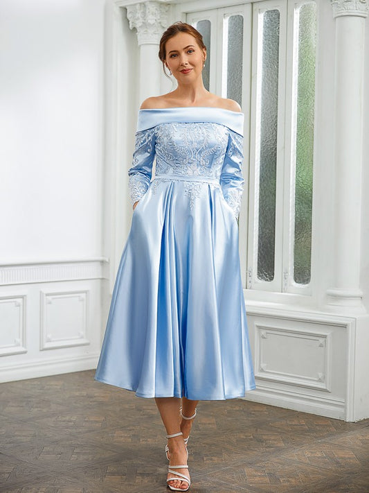 Hana A-Line/Princess Elastic Woven Satin Ruched Off-the-Shoulder Long Sleeves Tea-Length Mother of the Bride Dresses DRP0020269