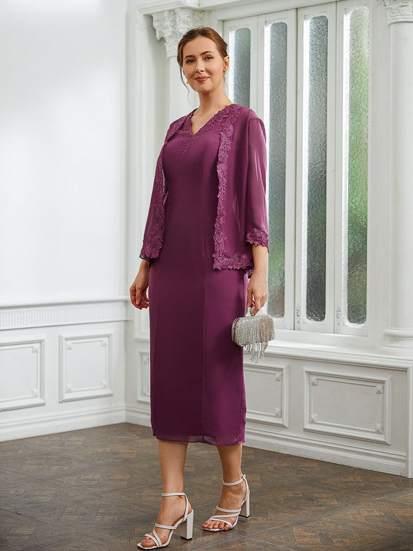 Maya Sheath/Column Chiffon Applique V-neck Sleeveless Tea-Length Mother of the Bride Dresses DRP0020263