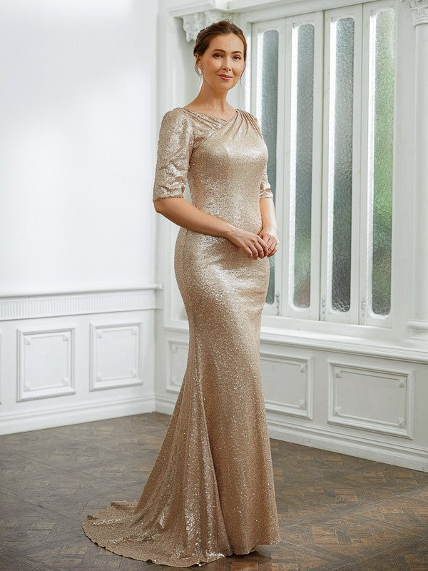 Zoe Sheath/Column Sequins Ruched 1/2 Sleeves Sweep/Brush Train Mother of the Bride Dresses DRP0020248