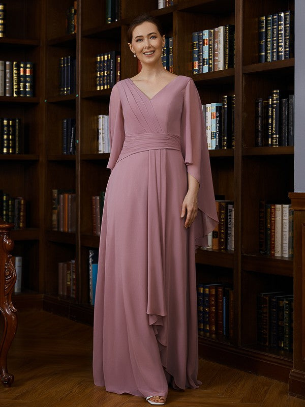 Paige A-Line/Princess Chiffon Ruched V-neck 3/4 Sleeves Floor-Length Mother of the Bride Dresses DRP0020251