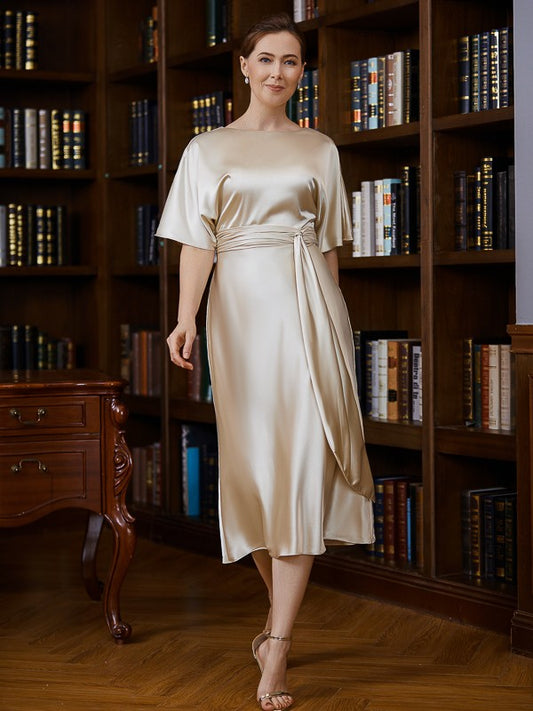Cheyenne Sheath/Column Elastic Woven Satin Ruched Scoop Short Sleeves Tea-Length Mother of the Bride Dresses DRP0020242