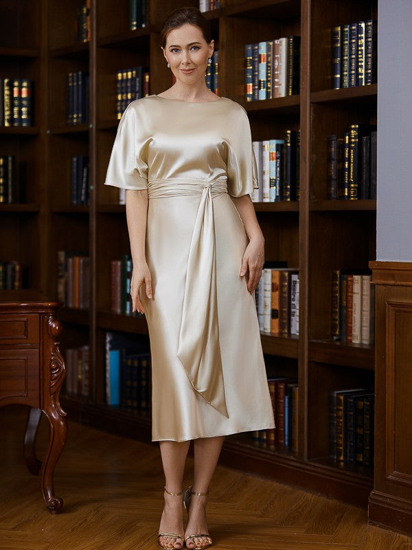 Cheyenne Sheath/Column Elastic Woven Satin Ruched Scoop Short Sleeves Tea-Length Mother of the Bride Dresses DRP0020242