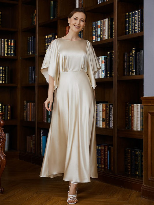 Joyce A-Line/Princess Silk like Satin Ruched Scoop 1/2 Sleeves Ankle-Length Mother of the Bride Dresses DRP0020243