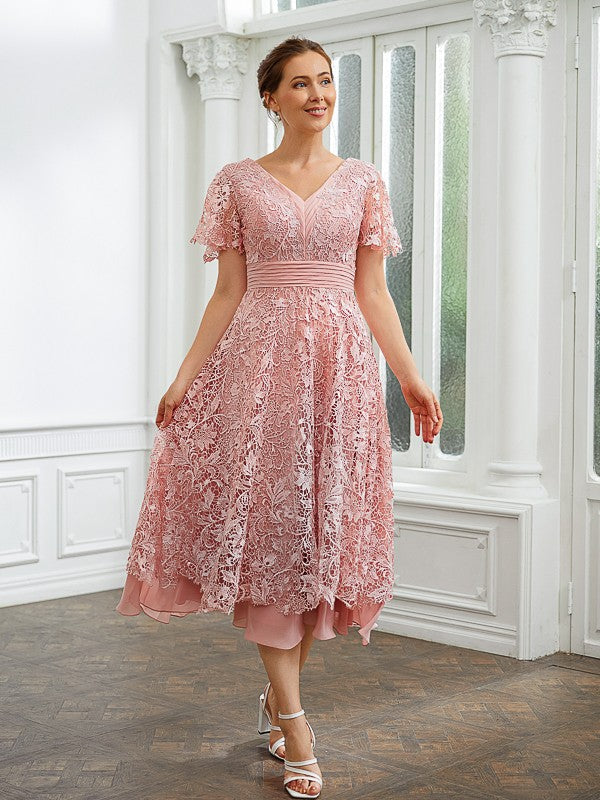 Dalia A-Line/Princess Chiffon Applique V-neck Short Sleeves Tea-Length Dresses DRP0020244
