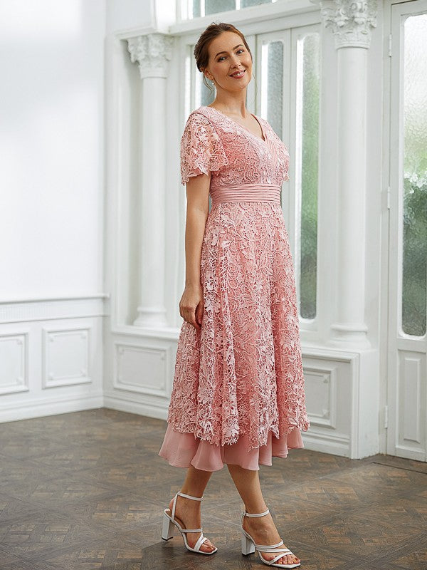 Dalia A-Line/Princess Chiffon Applique V-neck Short Sleeves Tea-Length Dresses DRP0020244