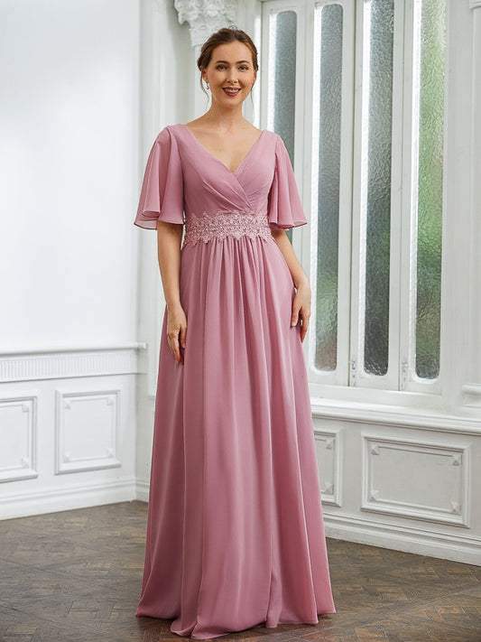 Audrey A-Line/Princess Chiffon Ruched V-neck 1/2 Sleeves Floor-Length Mother of the Bride Dresses DRP0020248