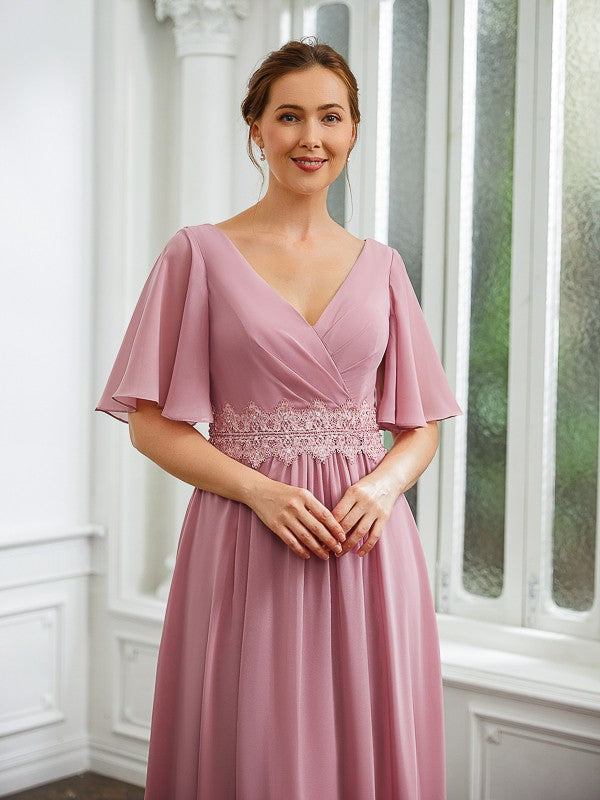 Audrey A-Line/Princess Chiffon Ruched V-neck 1/2 Sleeves Floor-Length Mother of the Bride Dresses DRP0020248
