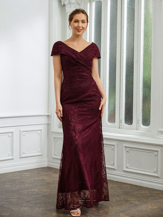 Sophia Sheath/Column Lace Ruched V-neck Short Sleeves Floor-Length Mother of the Bride Dresses DRP0020246