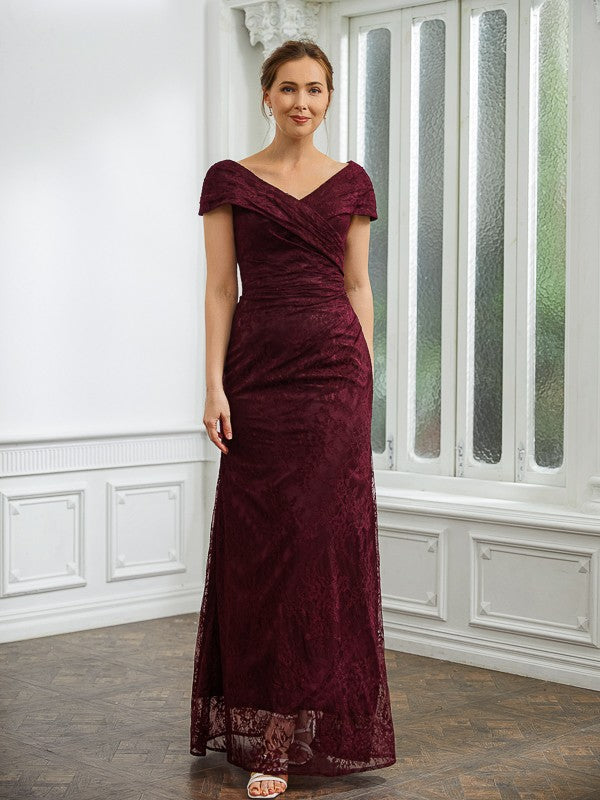 Sophia Sheath/Column Lace Ruched V-neck Short Sleeves Floor-Length Mother of the Bride Dresses DRP0020246