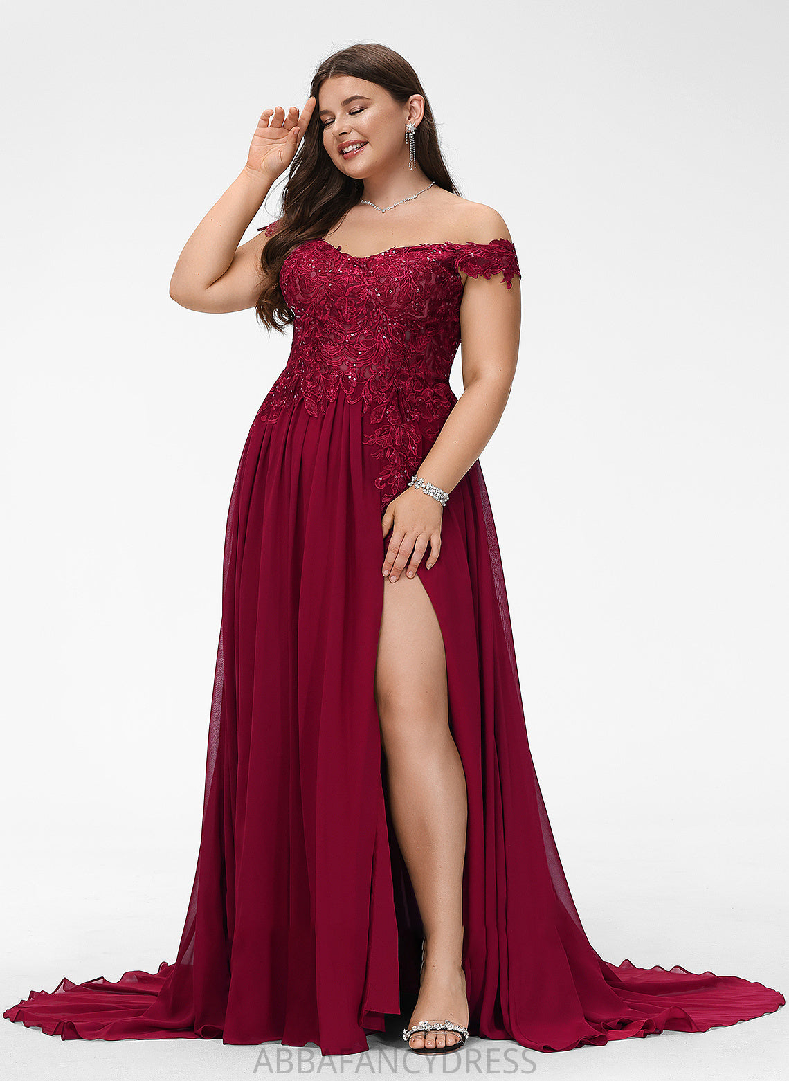 Sweep Annalise A-Line Lace Chiffon Sequins Off-the-Shoulder With Prom Dresses Train