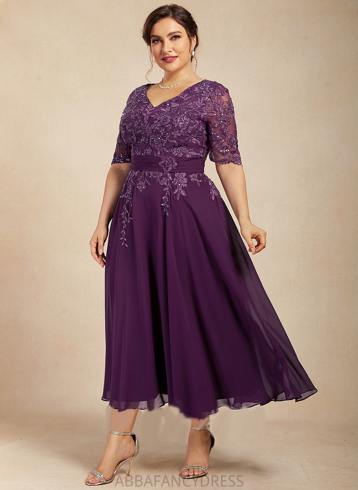 Tea-Length Mother With V-neck A-Line Dress Sequins of Chiffon Aleena Lace Mother of the Bride Dresses the Bride