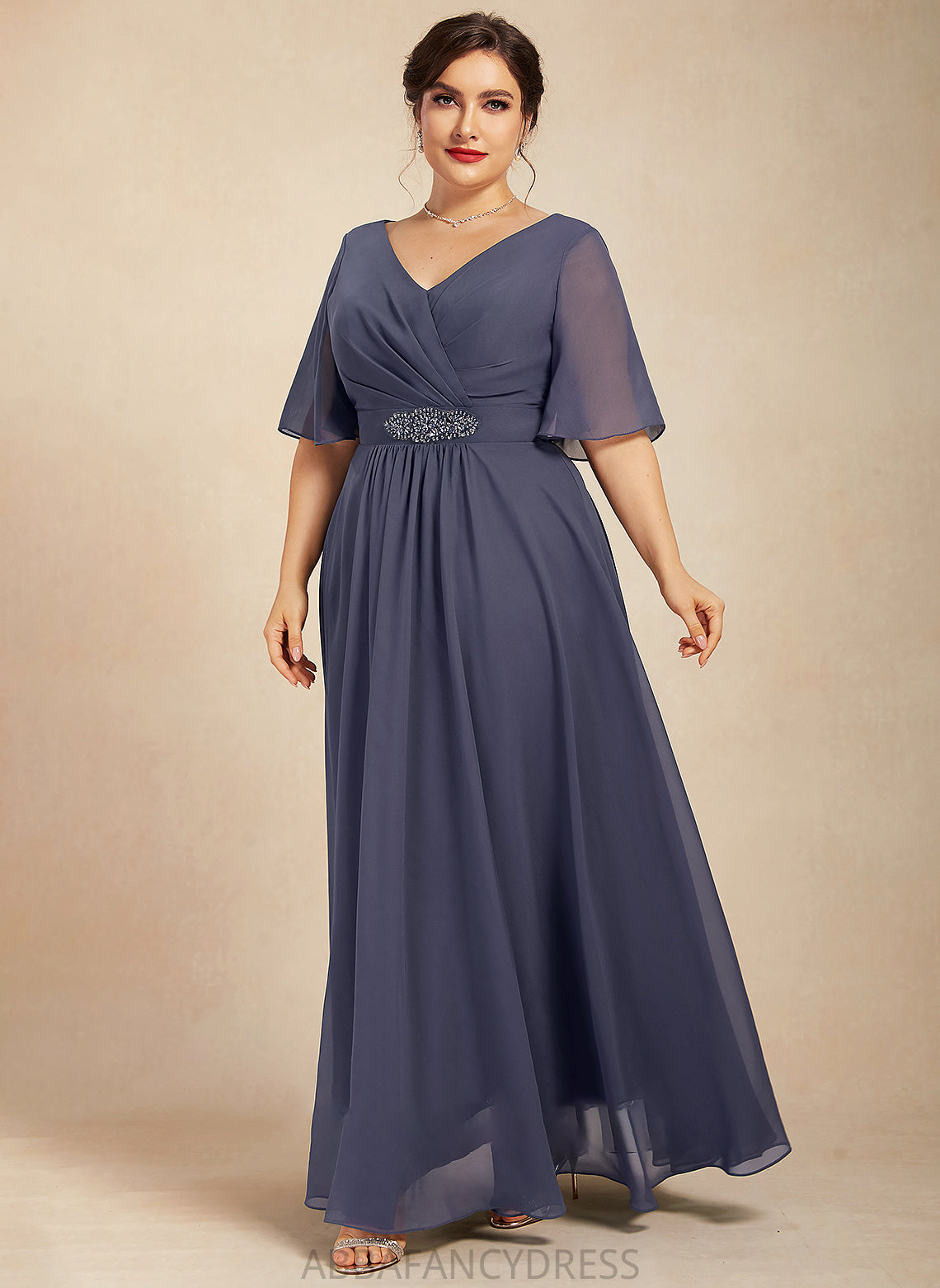 Jaylah the A-Line Mother Mother of the Bride Dresses Ankle-Length Beading Chiffon of Dress Ruffle With V-neck Bride Sequins