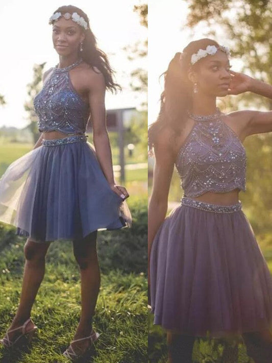 A Line Bridget Two Pieces Homecoming Dresses Halter Sleeveless Pleated Tulle Beading Short