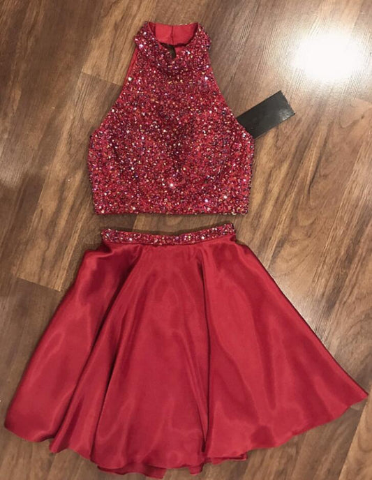 Halter Sleeveless Red Beading Dayanara Two Pieces Satin A Line Homecoming Dresses Pleated Short