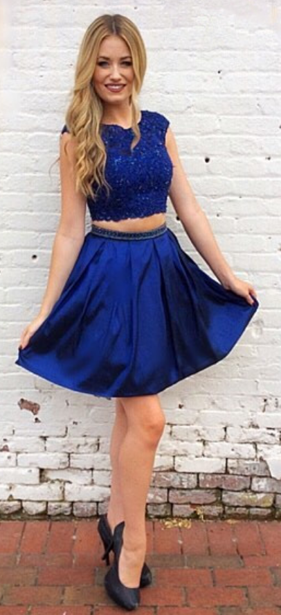 Cap Jaylene Satin A Line Homecoming Dresses Royal Blue Two Pieces Sleeve Pleated Appliques Short
