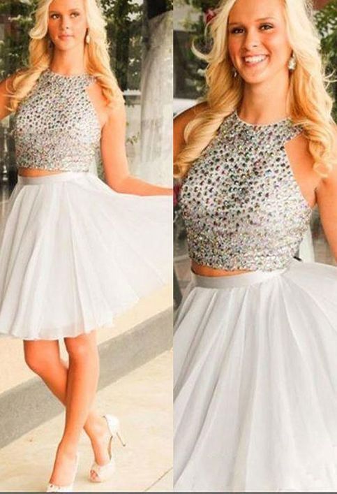 Halter Sleeveless Two Pieces Ariel A Line Homecoming Dresses Chiffon White Beading