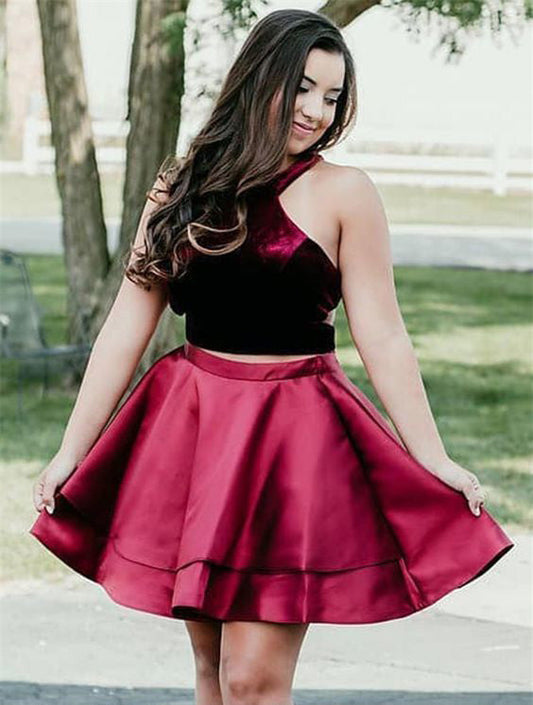 Halter Sleeveless Homecoming Dresses Two Pieces Kirsten Satin Burgundy Pleated Short