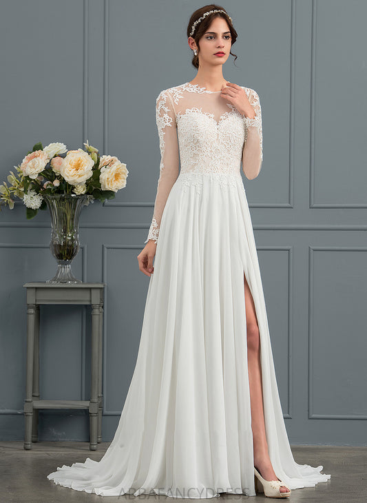 Dress Sweep With A-Line Illusion Appliques Chiffon Lace Wedding Dresses Split Front Train Nayeli Wedding