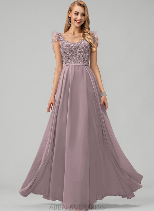 A-Line Feather Chiffon Sequins Flower(s) Patience V-neck Floor-Length Prom Dresses With Beading