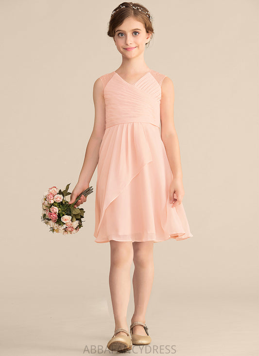 Chiffon Knee-Length Shelby Junior Bridesmaid Dresses Ruffles With Cascading Lace V-neck A-Line