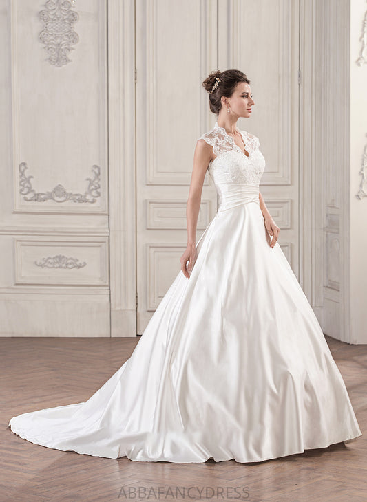 Train Wedding Satin With Lace Ball-Gown/Princess Elisabeth Dress V-neck Ruffle Court Wedding Dresses