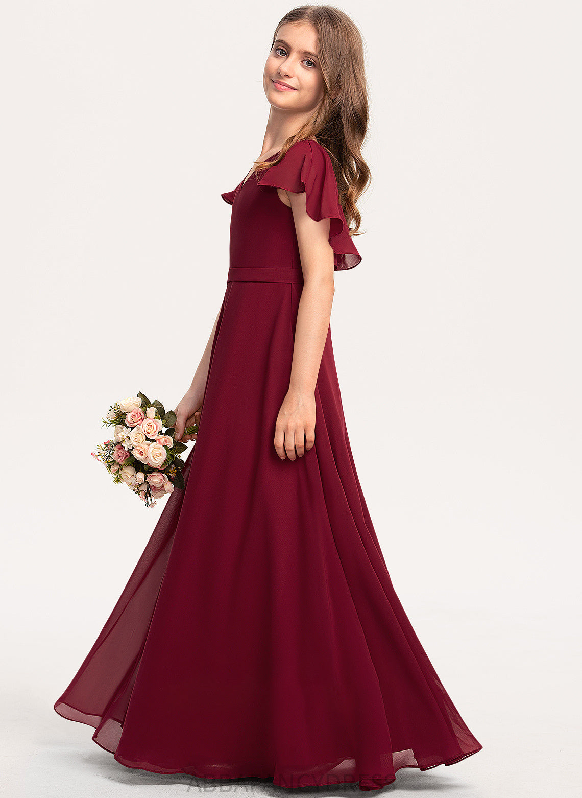 A-Line With V-neck Ruffles Chiffon Cierra Junior Bridesmaid Dresses Floor-Length Cascading