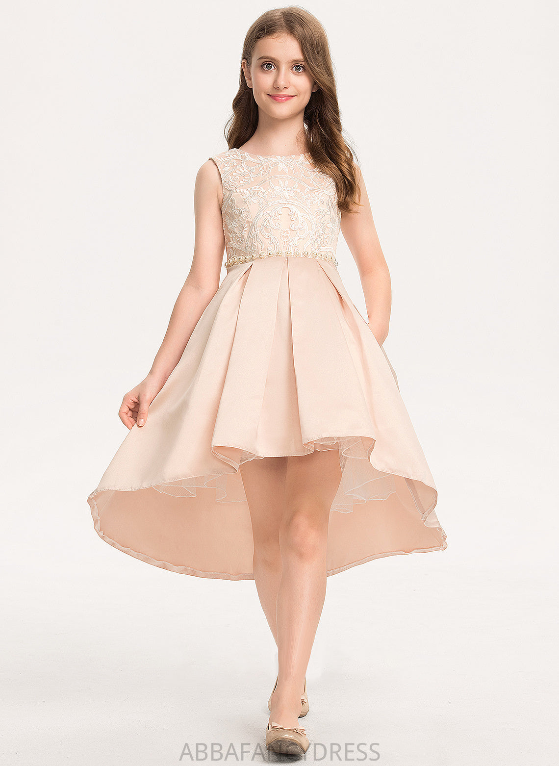 Scoop Asymmetrical Pockets Junior Bridesmaid Dresses A-Line Lace With Angel Beading Satin Neck