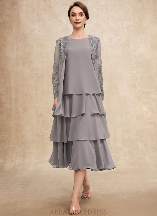 Neck Dress Bride Chiffon Mother of the Bride Dresses Ruffles Scoop Tea-Length With of the A-Line Cascading Jocelyn Mother