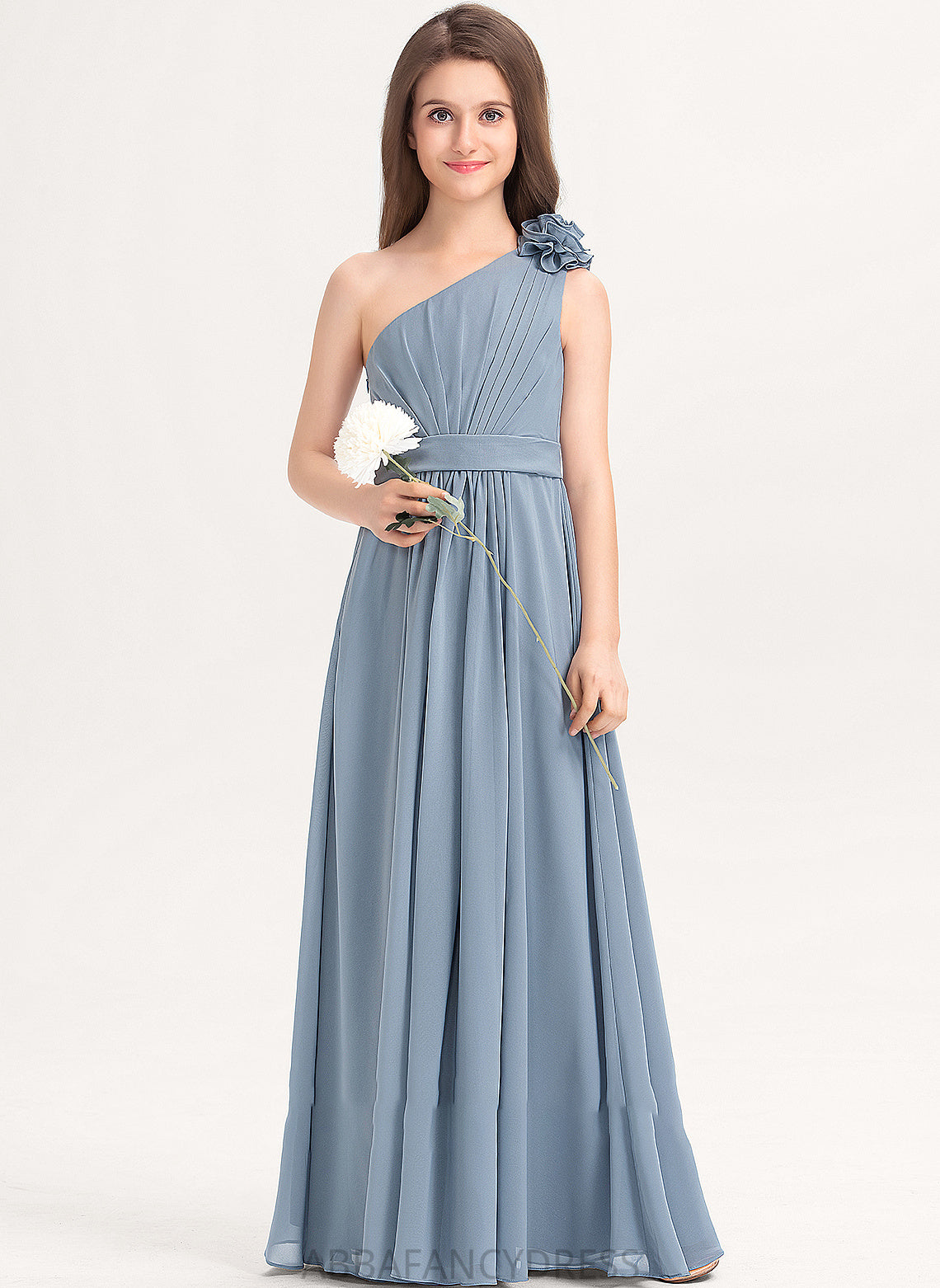 One-Shoulder Flower(s) Chiffon Floor-Length A-Line Junior Bridesmaid Dresses With Ruffle Anabel