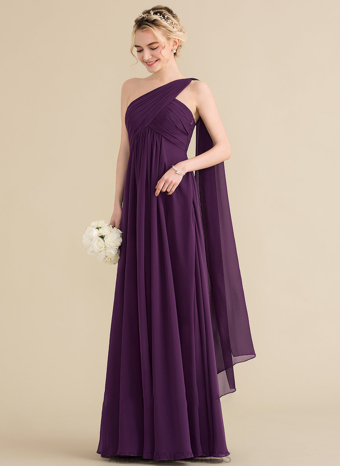 Floor-Length Silhouette Fabric One-Shoulder A-Line Neckline Embellishment Length Ruffle Kelly V-Neck A-Line/Princess