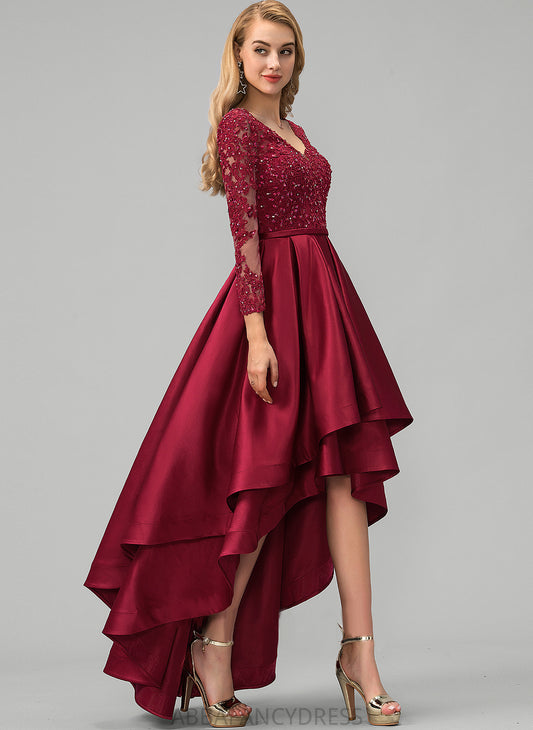 Lace Sequins Satin Harper Ball-Gown/Princess Prom Dresses Beading V-neck With Asymmetrical