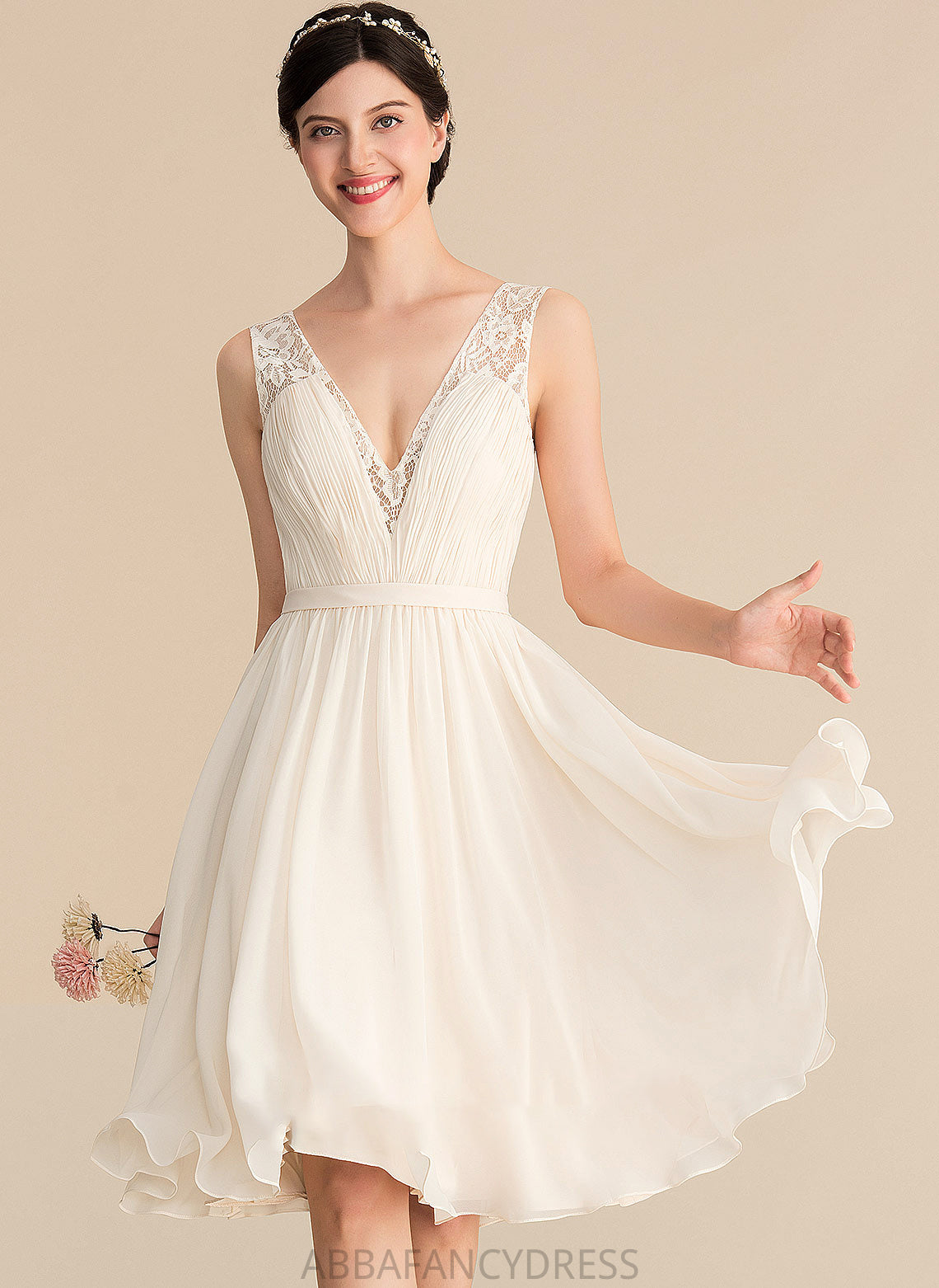 Wedding Knee-Length Ruffle A-Line Lace Catherine Chiffon V-neck Wedding Dresses Dress With
