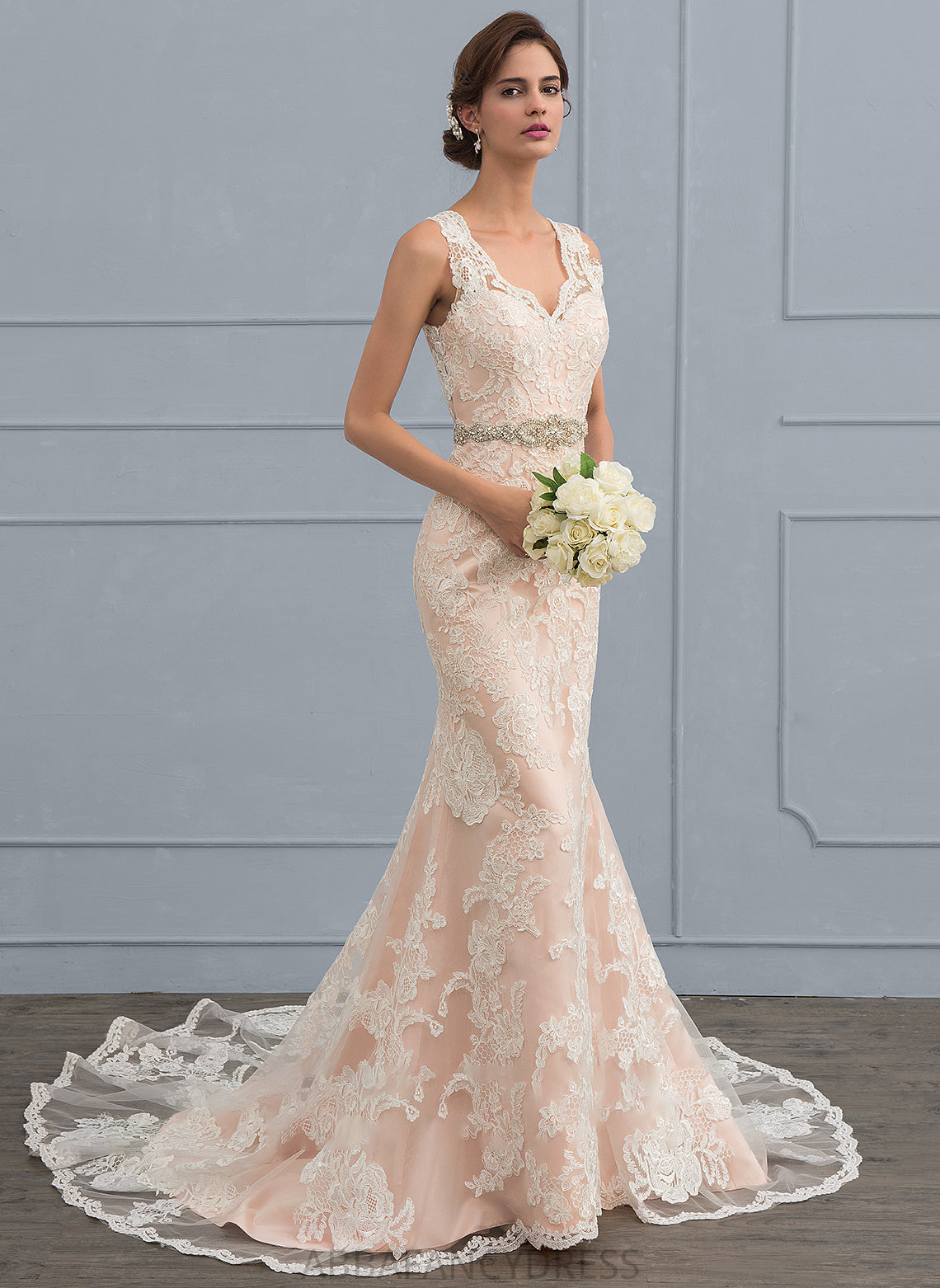Train Beading Trumpet/Mermaid V-neck Wedding Lace Dress Wedding Dresses Chapel Cassie With Tulle