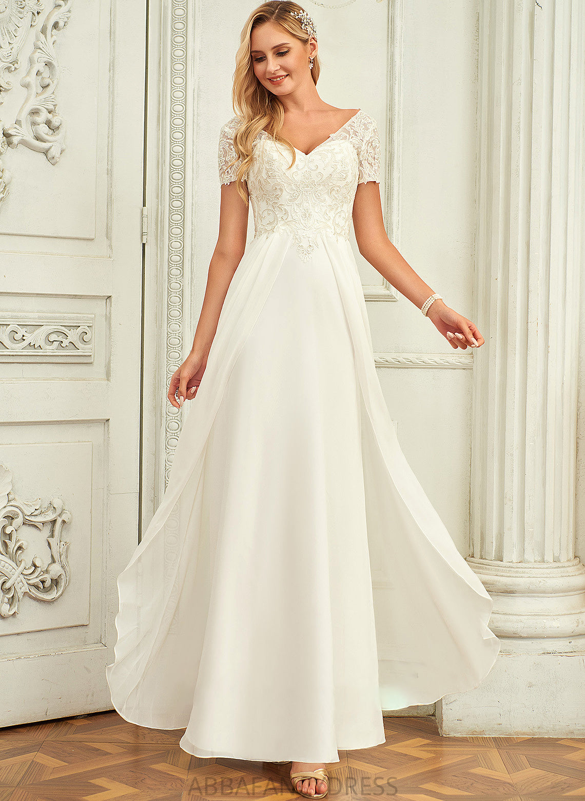 Lace V-neck Floor-Length Dress Lace A-Line Clarissa Wedding With Wedding Dresses Chiffon