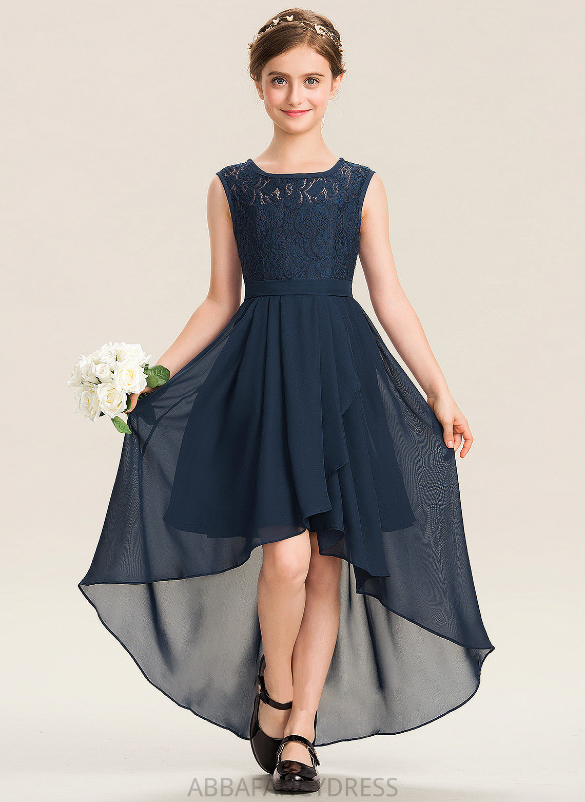 Keyla A-Line Junior Bridesmaid Dresses Chiffon Bow(s) Neck Asymmetrical Cascading Lace With Scoop Ruffles