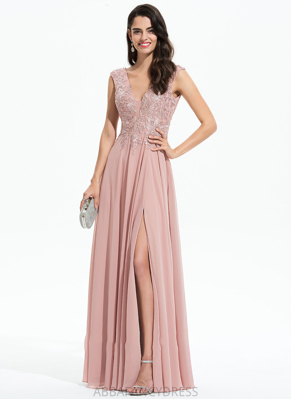 Prom Dresses V-neck Split Front With A-Line Chiffon Melanie Lace Floor-Length