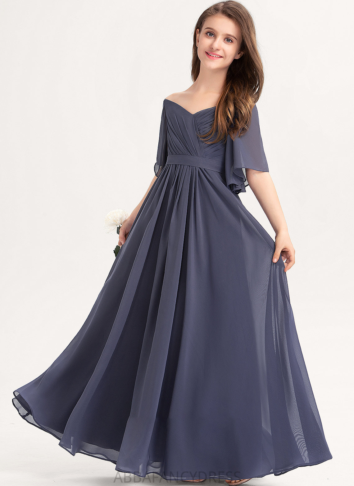 Floor-Length Bow(s) Harley Chiffon Junior Bridesmaid Dresses Ruffle A-Line Off-the-Shoulder With