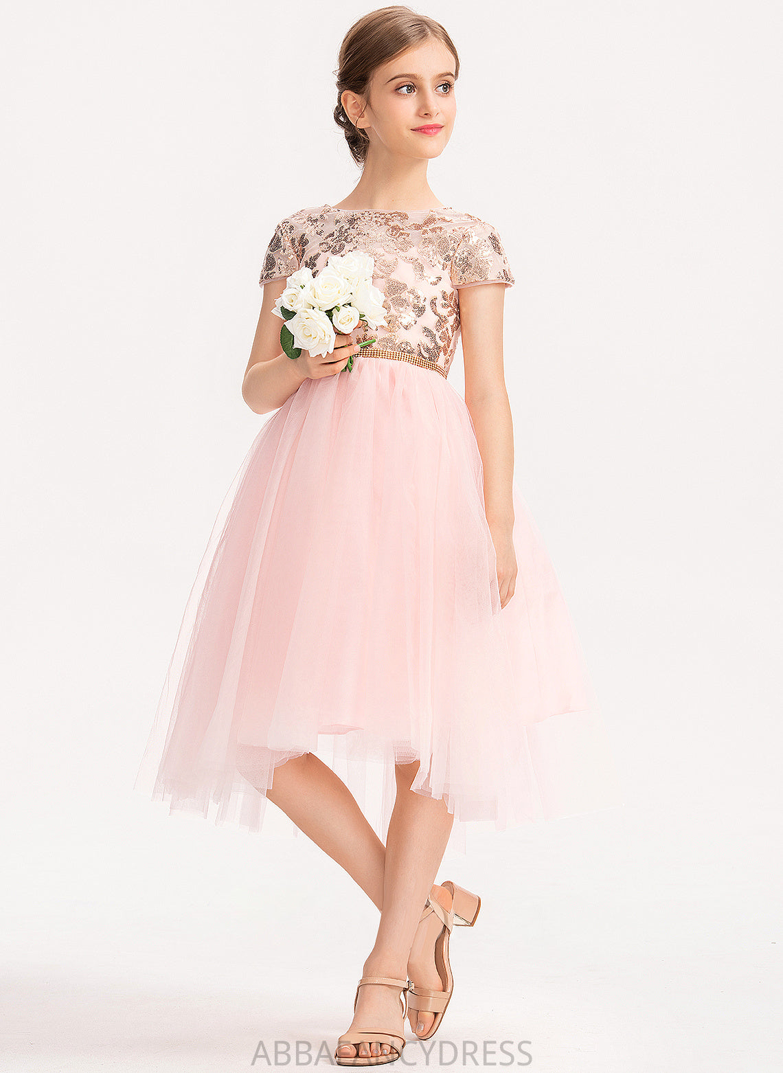 Asymmetrical Neck Scoop A-Line Carleigh Sequins Junior Bridesmaid Dresses Tulle With