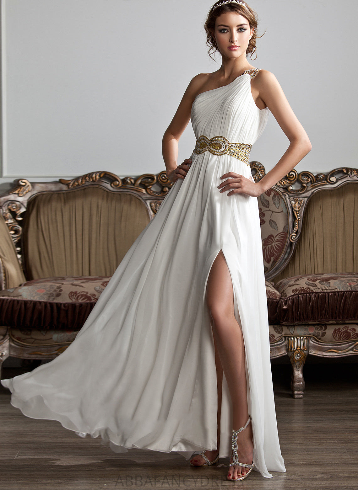 With Front One-Shoulder Split Chiffon Floor-Length Beading A-Line Sequins Prom Dresses Destinee Ruffle