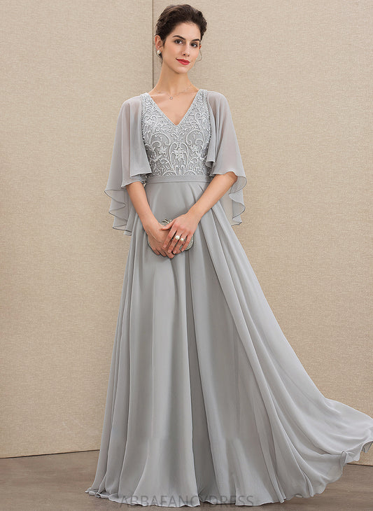 A-Line V-neck Dress the Mother Beading With Chiffon Mother of the Bride Dresses Floor-Length Maia of Bride Lace Sequins