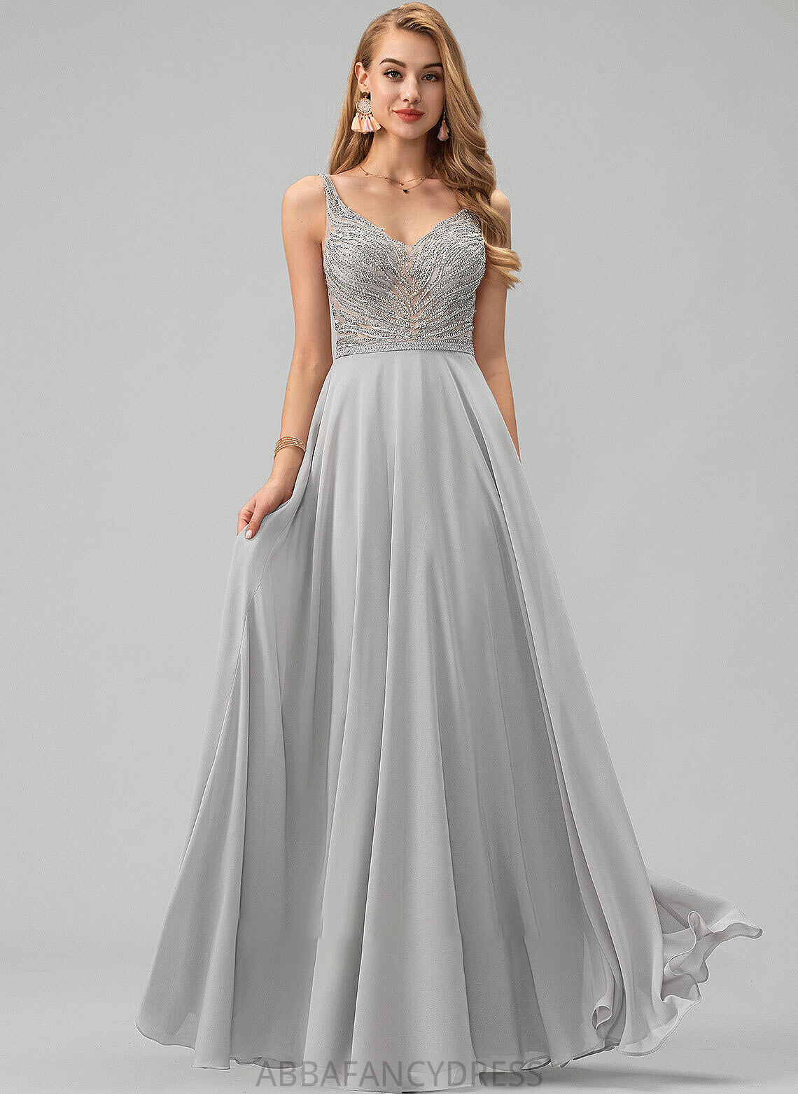 Floor-Length With Sequins Catalina Beading Chiffon A-Line V-neck Prom Dresses