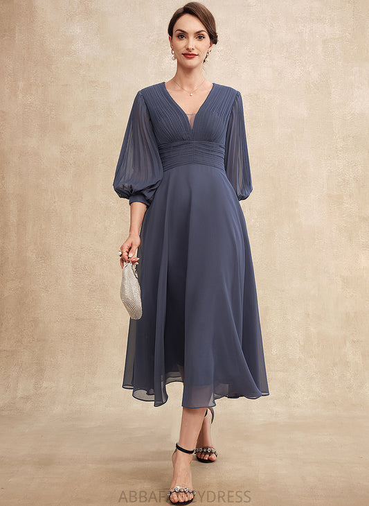 Chiffon Tea-Length Dress Mother the Mother of the Bride Dresses of Ruffle V-neck With A-Line Izabelle Bride