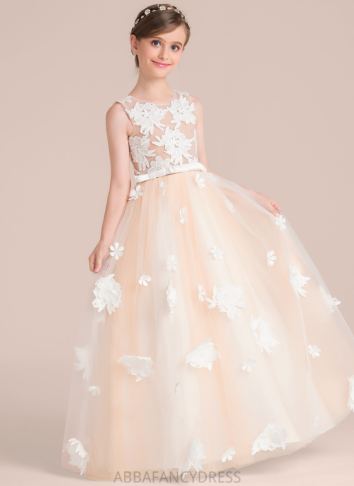 Flower(s) Ball-Gown/Princess Floor-Length Junior Bridesmaid Dresses Bow(s) Neck With Scoop Kyra Tulle