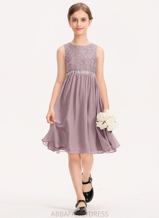 Scoop With Neck A-Line Junior Bridesmaid Dresses Elaine Lace Chiffon Knee-Length Beading Bow(s)